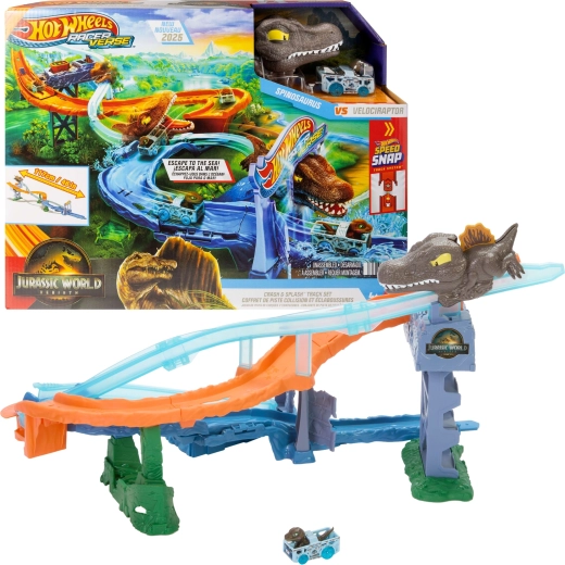 Hot Wheels RacerVerse Jurassic World Cursa marină cu dinozauri, pistă de curse cu mașinuță