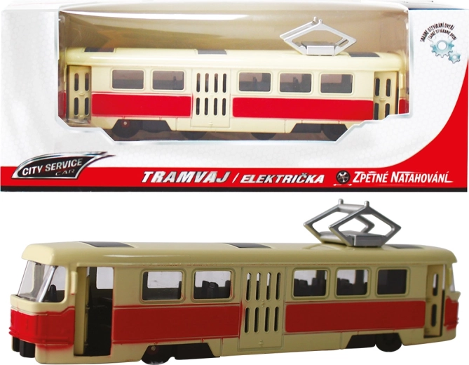 Tramvai metalic 1:90 roșu cu mecanism pull-back