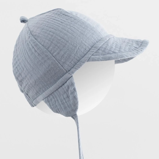 Căciuliță de vară din muselină pentru copii cu cozoroc New Baby, jeans, măr. 80/86