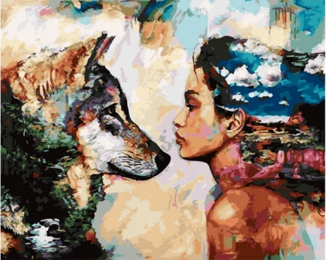 Tablou de pictat după numere 50 × 40 cm Privire – lup și femeie