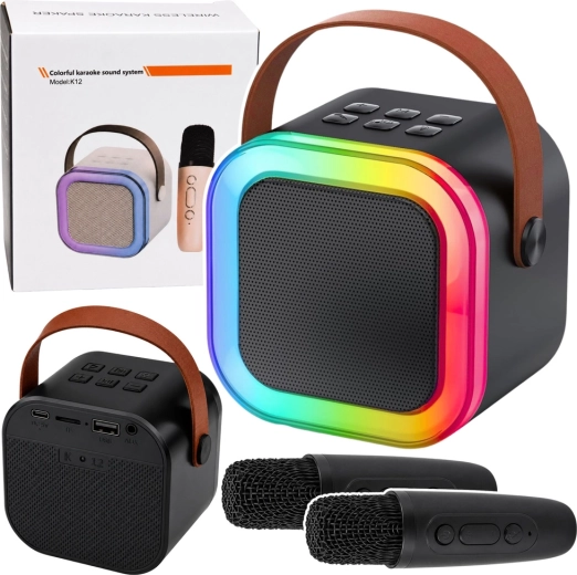 Set karaoke wireless K12 – difuzor Bluetooth cu două microfoane și lumini LED (negru)