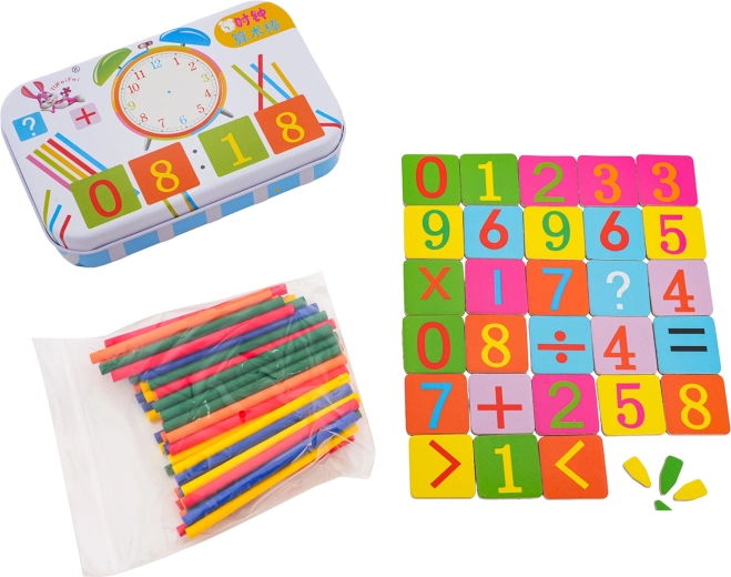 Set magnetic pentru învățarea ceasului și a matematicii de bază, în cutie metalică