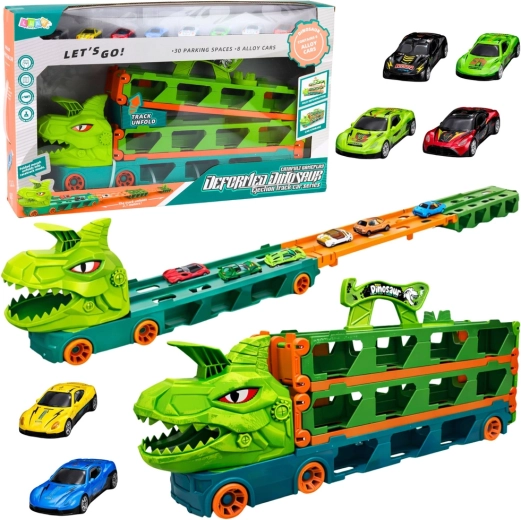 Camion dinozaur cu mașinuțe 4‑în‑1 – transporter, pistă de curse și lansator, 2,1 m