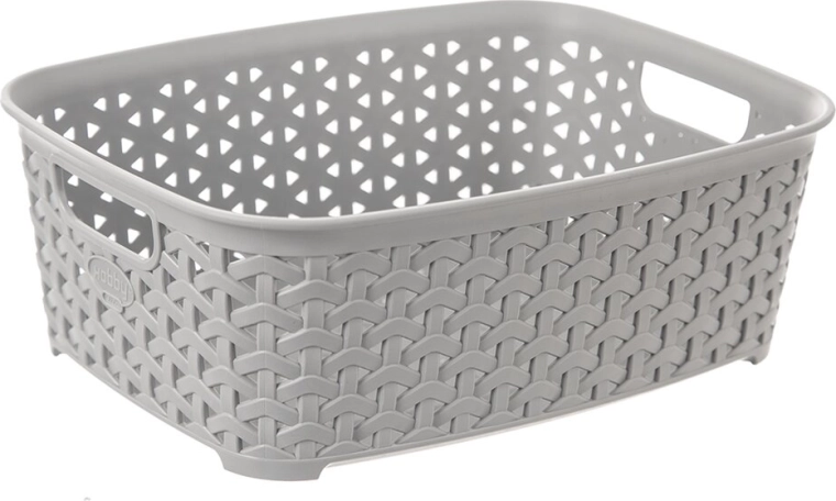 Coș de depozitare din plastic cu aspect de ratan Hobby, gri, 26 × 19 × 9 cm