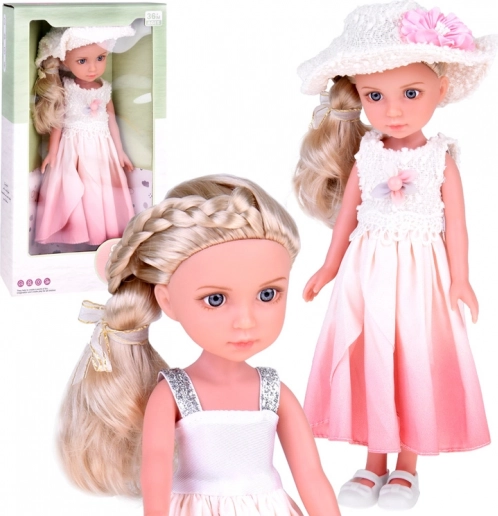 Păpușă elegantă și stilată cu pălărie și păr lung blond