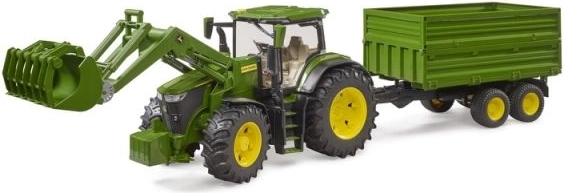 Tractor Bruder John Deere 7R 350 cu încărcător frontal și remorcă basculantă tandem