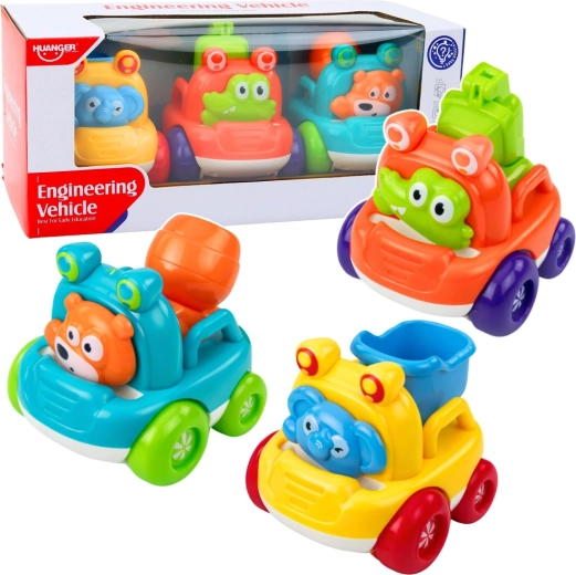Set de mașinuțe de construcții cu animale pentru copii mici, colorate, 3 buc.