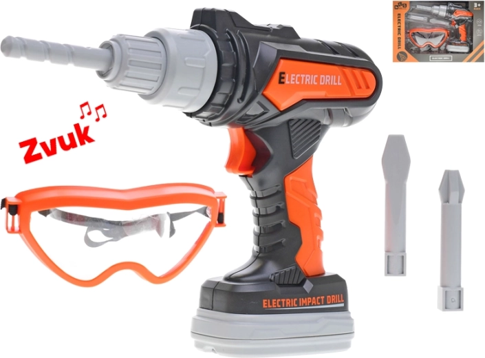 Bormașină cu percuție pentru copii, pe baterii, cu sunete și ochelari de protecție