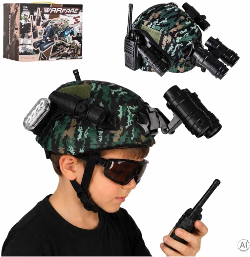 Cască militară pentru copii cu stații de emisie-recepție, binoclu și accesorii
