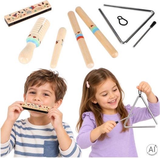 Instrumente muzicale din lemn pentru copii – set (triunghi, bețe ritmice, muzicuță, guiro)