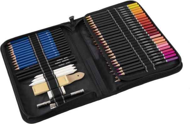 Set de schițare cu creioane și creioane colorate în carcasă