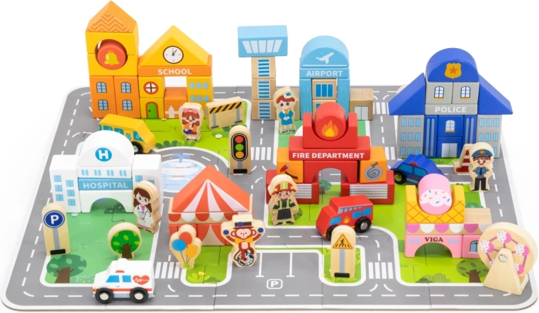 Puzzle și cuburi din lemn Viga – oraș, 100 de piese