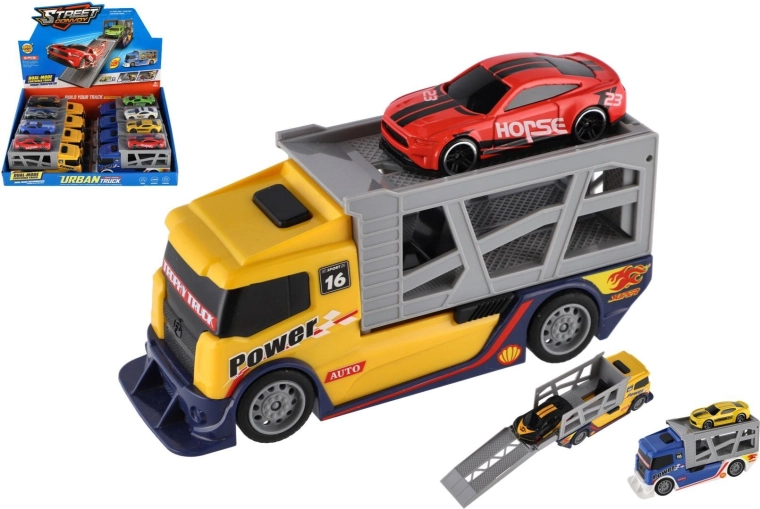 Camion transportor din plastic cu mașină personală 15 cm, rulare liberă, 2 culori