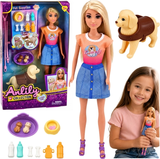 Păpușă la modă Anlily cu câine și cățeluși, set de îngrijire a animăluțelor 30 cm
