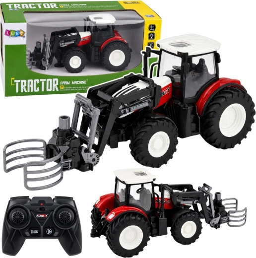 Tractor agricol RC cu telecomandă, cu încărcător frontal și clește pentru baloți 1:24, roșu