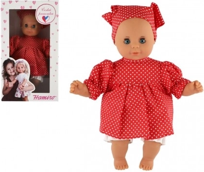 Păpușă bebeluș 30 cm în rochiță roșie cu buline și batic