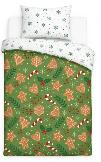 Lenjerie de pat de Crăciun Holly Jolly cu turtă dulce și fulgi verzi 140 × 200 cm
