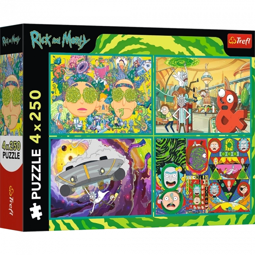Puzzle 4x250 Lumea învălmășită a lui Rick și Morty de la Trefl