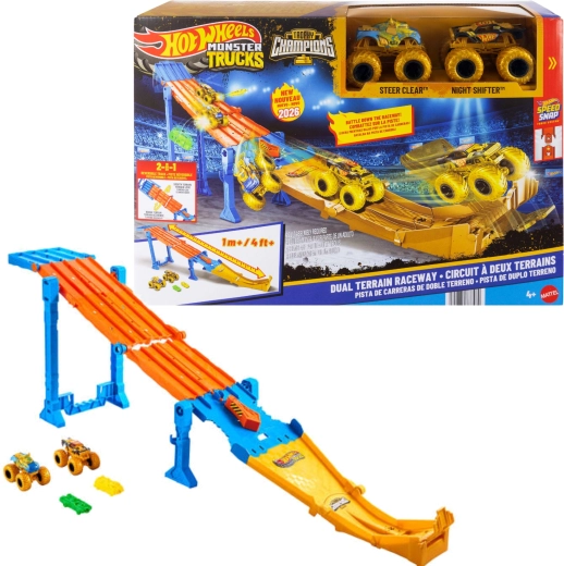 Hot Wheels Monster Trucks pistă de curse 2-în-1 Dual Terrain Raceway + 2 monster truck-uri