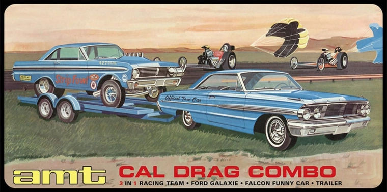 AMT model din plastic 3 în 1 Cal Drag Combo 1964 Galaxie, AWB Falcon și remorcă 1:25 - 1 bucată