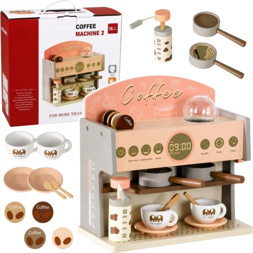 Espressor din lemn pentru copii – set barista cu accesorii, roz