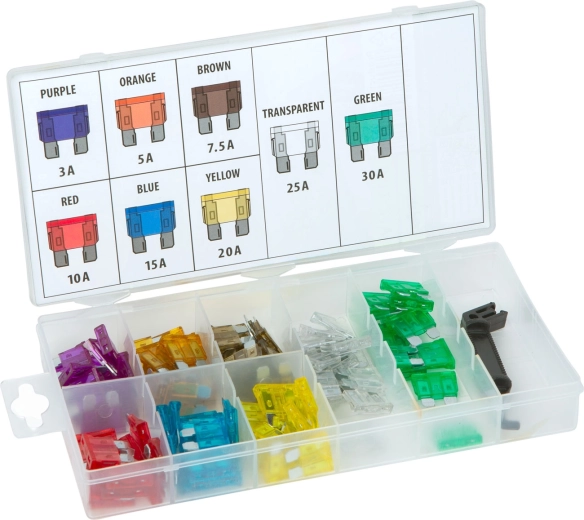 Set de siguranțe auto tip lamelă cu extractor, în cutie, 97 buc., 3–30 A