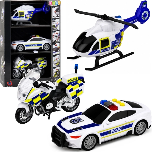 Set de vehicule de poliție cu elicopter, mașină și motocicletă cu lumini și sunete 1:32