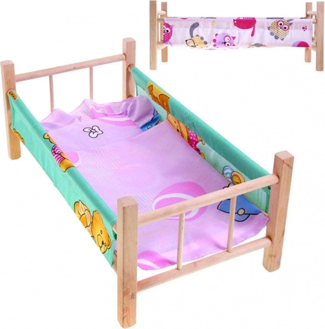 Pătuț din lemn pentru păpuși cu lenjerie de pat