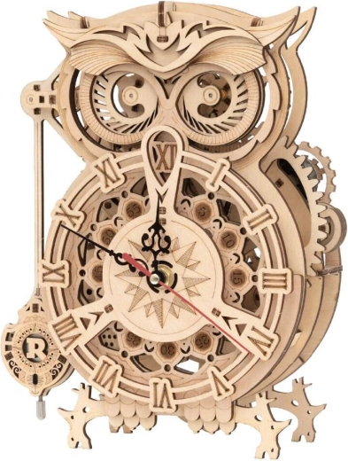 RoboTime Puzzle mecanic 3D din lemn, Ceas cu bufniță