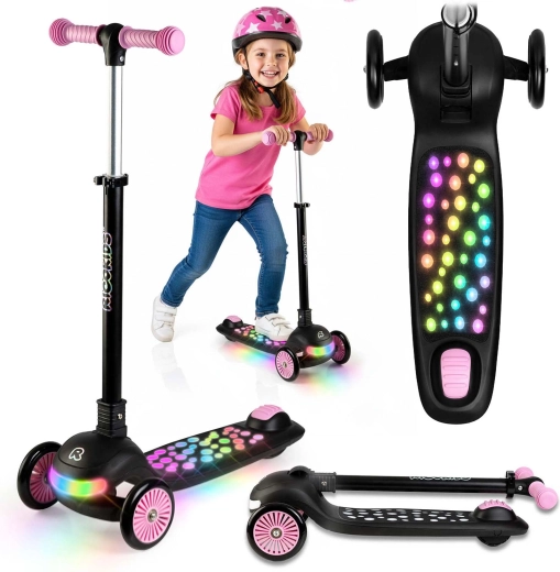 Trotinetă de echilibru pentru copii cu trei roți și iluminare LED Ricokids Glowi – negru‑roz