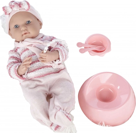 Păpușă bebeluș în salopetă roz 40 cm cu accesorii