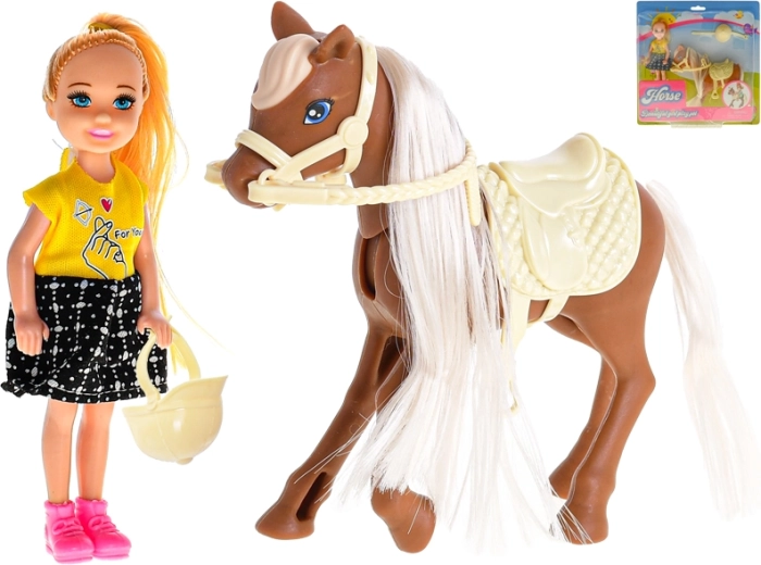 Păpușă cu cal și echipament de călărie 13 cm