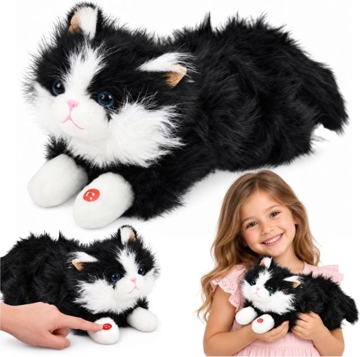 Pisicuță de pluș interactivă alb-negru, cu sunete de mieunat, 40 cm
