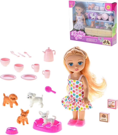 Set de joacă cu păpușă 16 cm, căței și veselă - 1 bucată
