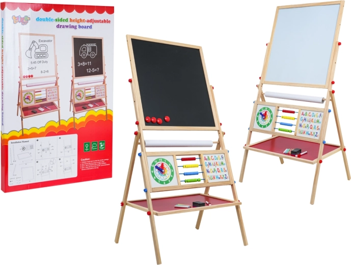 Tablă educativă din lemn, cu două fețe și accesorii