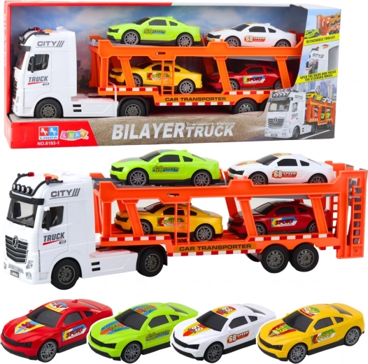 Set camion de tractare cu 4 mașinuțe, lumini și sunete