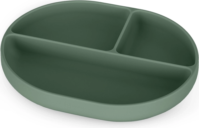 Farfurie ovală împărțită din silicon cu ventuză PETITE&MARS Take&Match Misty Green 6m+