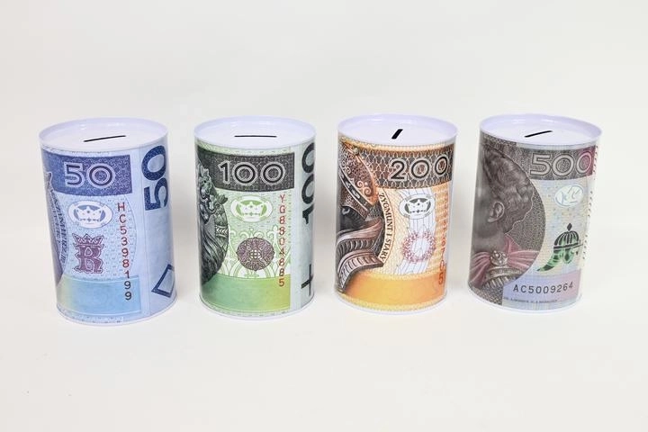 Pușculiță metalică cu motiv de bancnote