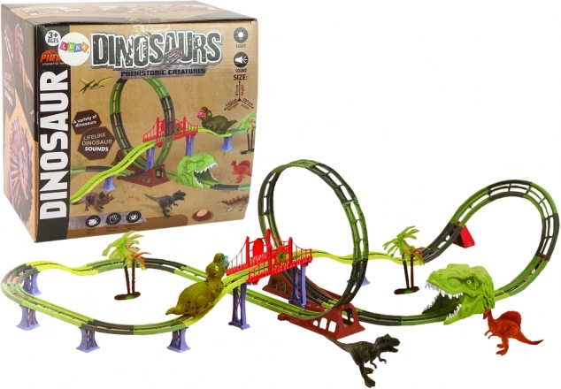Pistă spiralată de curse cu dinozauri cu lumină și sunet
