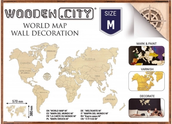 Hartă mondială din lemn M 57 × 38 cm WOODEN CITY
