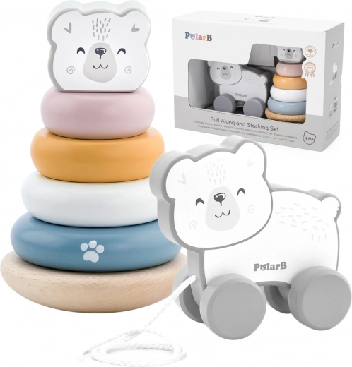 Viga PolarB set din lemn urs polar: piramidă și ursuleț de tras