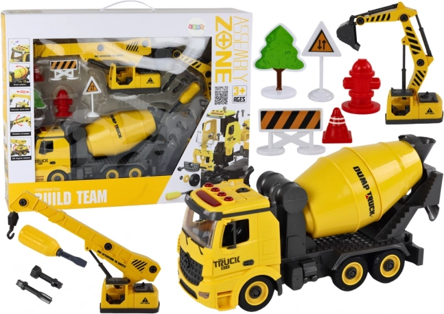 Vehicule de construcție 1:12 DIY cu lumini și sunete – autobetonieră, macara și excavator
