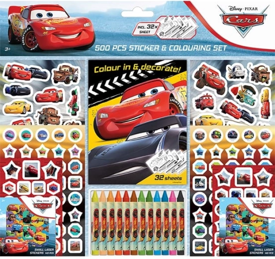 Set de autocolante cu planșe de colorat și creioane cerate Mașini (500 buc.)