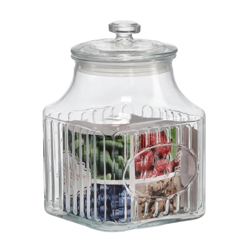 Borcan pătrat din sticlă 2,8 l, decorat, cu capac din sticlă