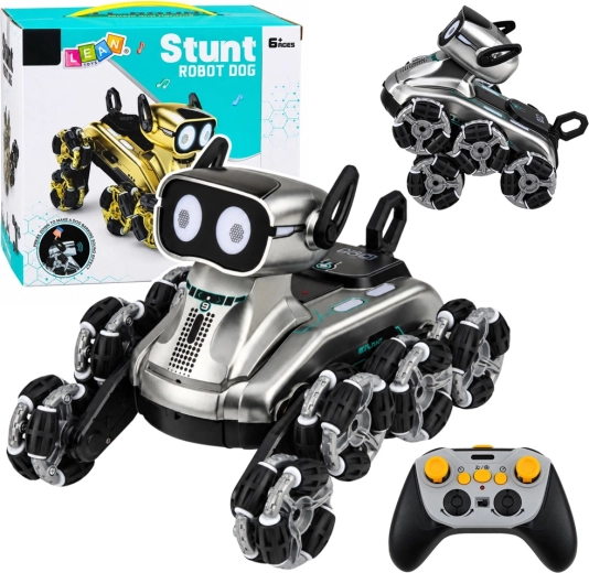 Câine robotic RC cu telecomandă, cu 8 roți, mod demo, lumini și sunete, argintiu - 1 buc