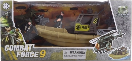 Set militar cu barcă, motocicletă și figurine