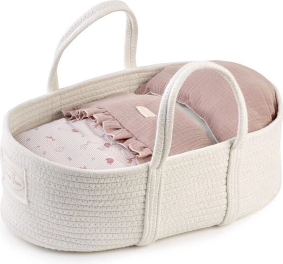 Coșuleț din bumbac tip Moise Antonio Juan Savanna cu lenjerie pentru păpuși de până la 42 cm