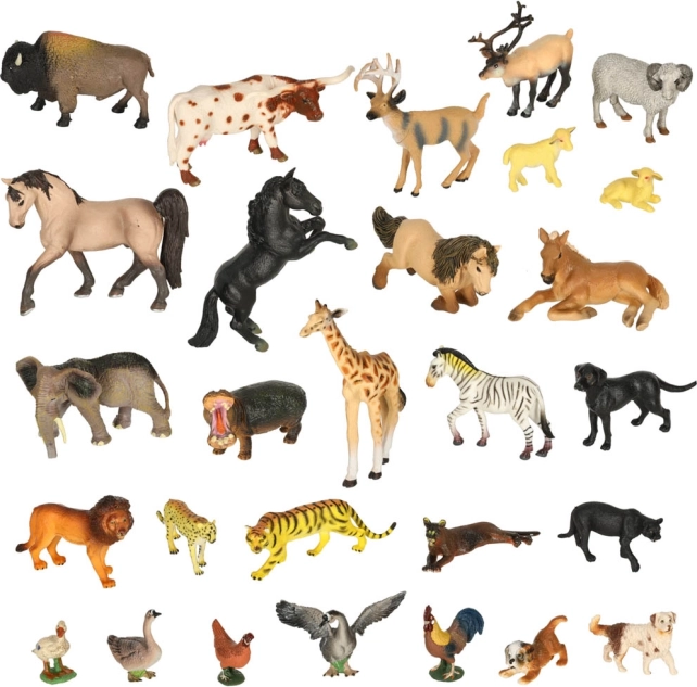Set de figurine cu animale – zoo, safari și fermă, 28 de piese cu cutie