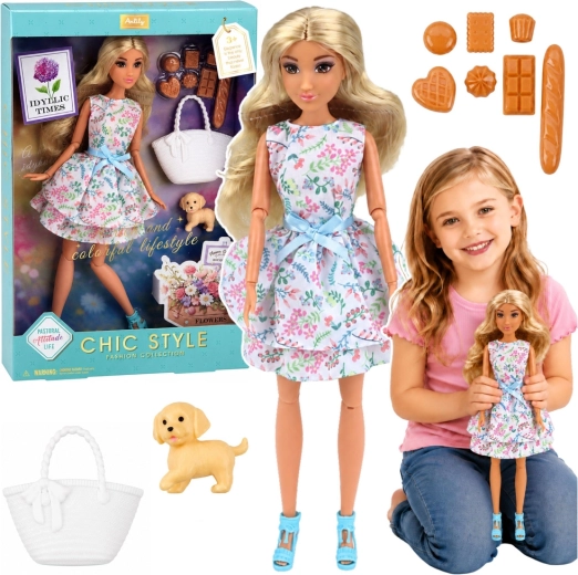 Păpușa Anlily cu cățel și accesorii (rochie cu flori)