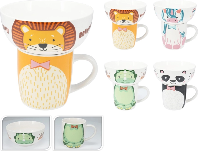 Set din porțelan pentru copii – cană și bol, mix de decoruri cu animale